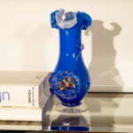 Vintage ruffled navy blue art glass vase