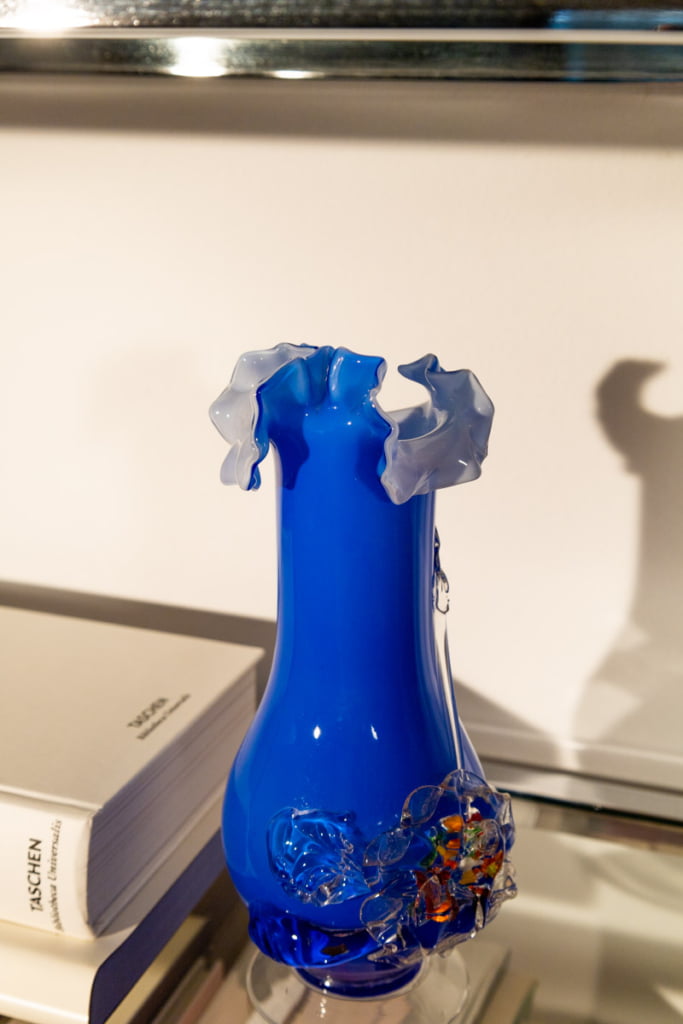 Vintage ruffled navy blue art glass vase