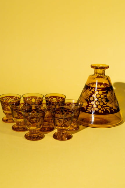 Vintage Czech floral decanter set with eight glasses