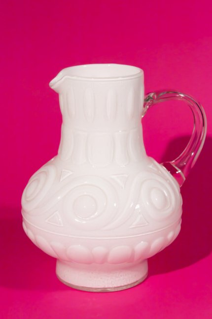 White opaline vintage pitcher with geometric pattern
