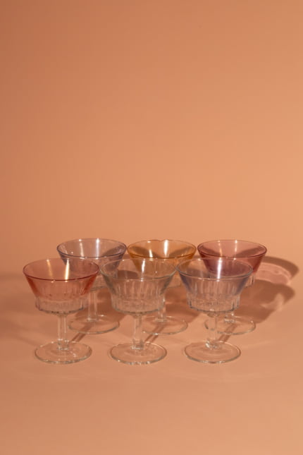 Vintage multicolour champagne glasses set of six