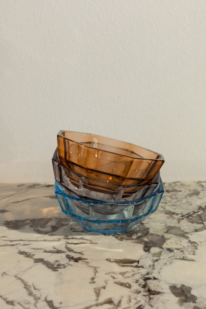 set of three faceted glass bowls