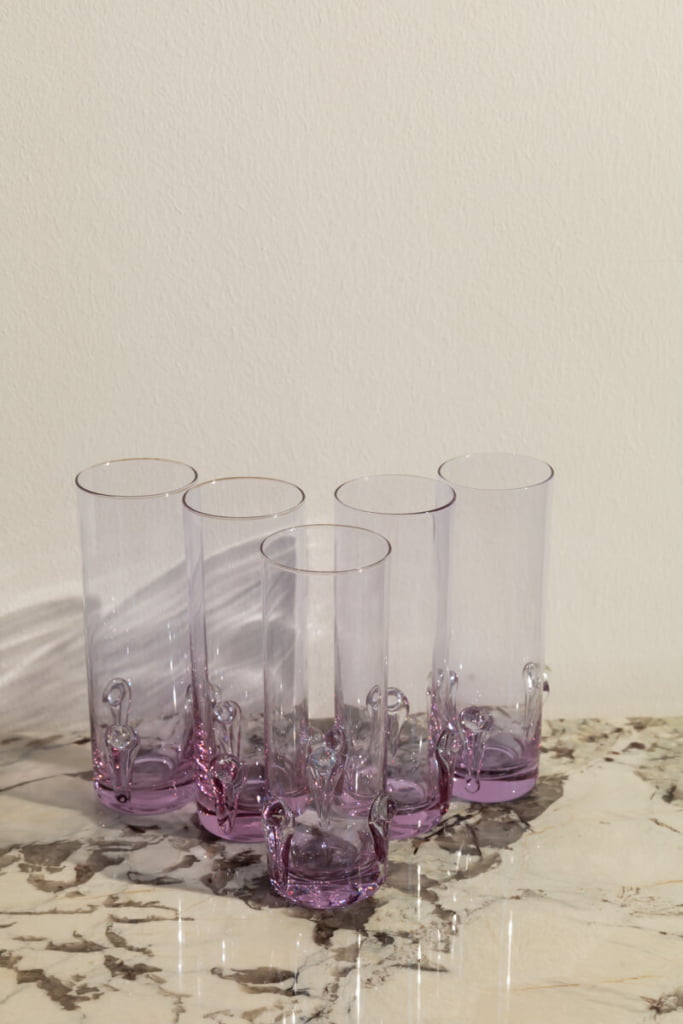 Rare set of 5 tall Alexandrite glasses with sculptural pattern
